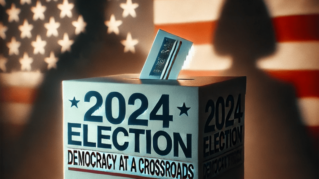 Image representing the 2024 U.S. presidential election, featuring a ballot box with an American flag in the background. The image has a somber tone, capturing themes of democracy, anxiety, and uncertainty