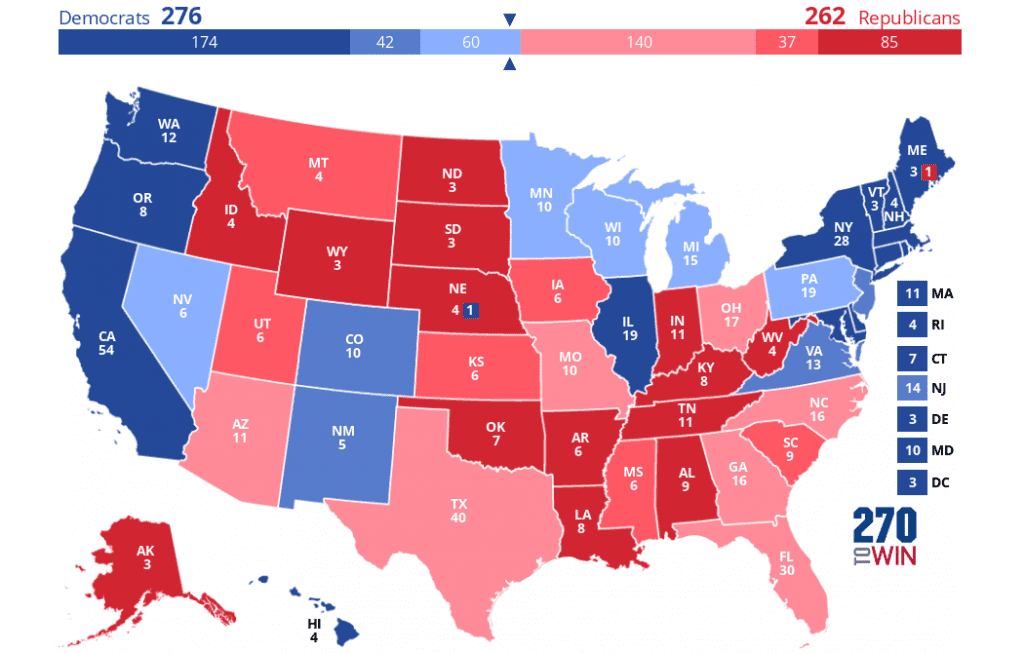 2024 U.S. Presidential Election prediction map showing Vice President Kamala Harris winning with 276 electoral votes over Donald Trump's 262