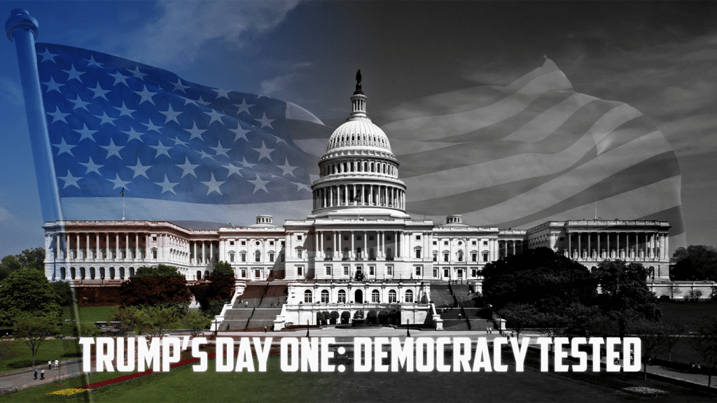 A split image of the U.S. Capitol building, with one side in light and the other in shadow, symbolizing the contrasts in Trump’s Day One agenda. An American flag overlay and a stack of documents labeled ‘Day One Policies’ emphasize the theme of executive actions impacting democracy